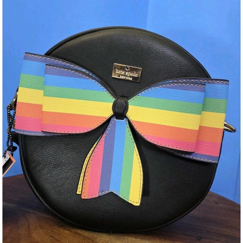 DIOPHY Round Crossbody Bag Black w/ Rainbow Stripe Bow Vegan Leather 9" - Picture 11 of 11